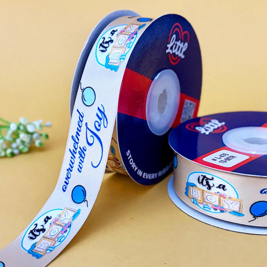 ribbon-Beige-Ribbons | IT'S A BOY Double Face Satin Printed Ribbon | 1 inch width-Littl Ribbons