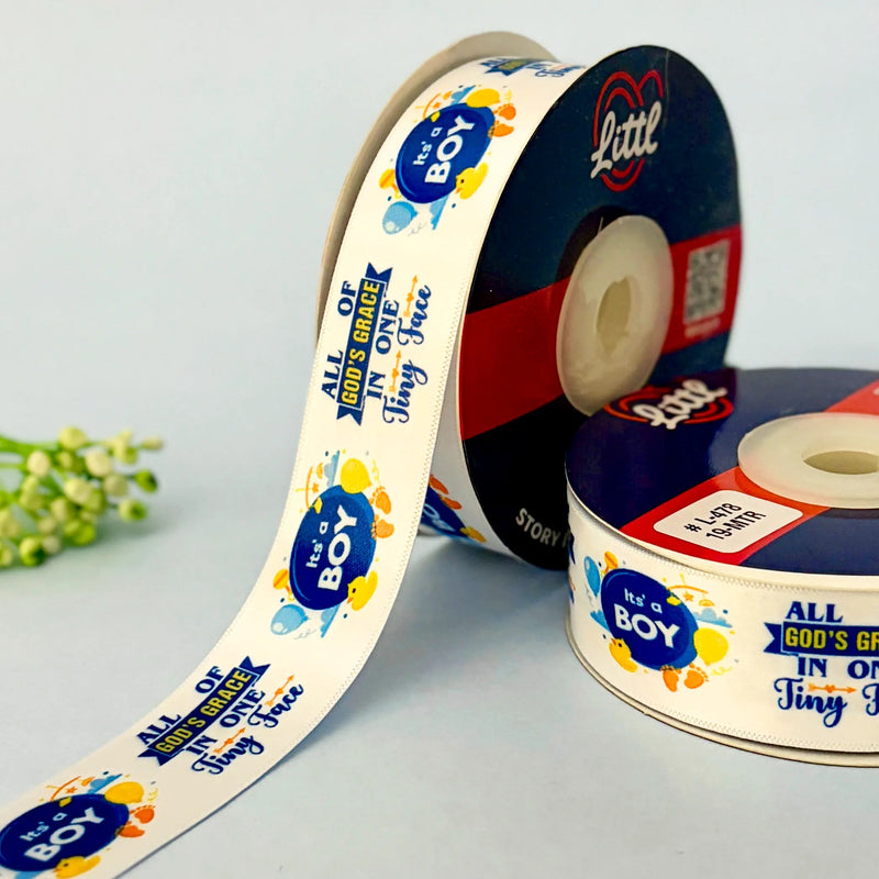 It's a Boy Printed Ribbon 25mm - Blue Shades - White - printed satin ribbon by Littl India