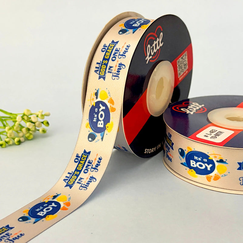It's a Boy Printed Ribbon 25mm - Blue Shades - Beige - printed satin ribbon by Littl India