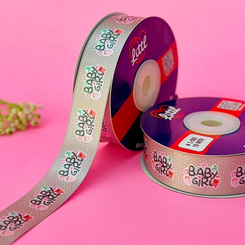 It's a Girl Printed Ribbon 25mm - Full Colour Range - Grey - printed satin ribbon by Littl India