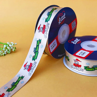 ribbon-Beige-Christmas Ribbon Green - Merry Christmas Printed Satin - Holiday Gift Wrapping & Decoration - 25MM x 19M-Littl Ribbons