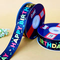 Happy Birthday Printed Ribbon 25mm - Black - printed satin ribbon by Littl India