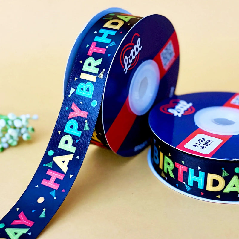 Happy Birthday Printed Ribbon 25mm - Black - printed satin ribbon by Littl India
