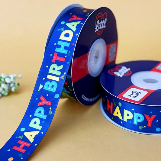 ribbon-Navy Blue-Birthday Printed Satin Ribbon 1 Inch 19 Meter - Gift Wrapping Party Decoration - Double Face Polyester - 6 Colors-Littl Ribbons