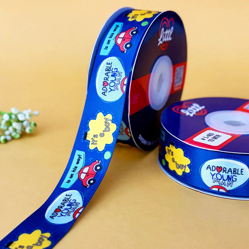 It's a Boy Printed Ribbon 25mm - Classic Blues - Navy - printed satin ribbon by Littl India