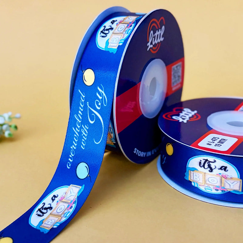 It's a Boy Printed Ribbon 25mm - Multi Colour - Navy - printed satin ribbon by Littl India