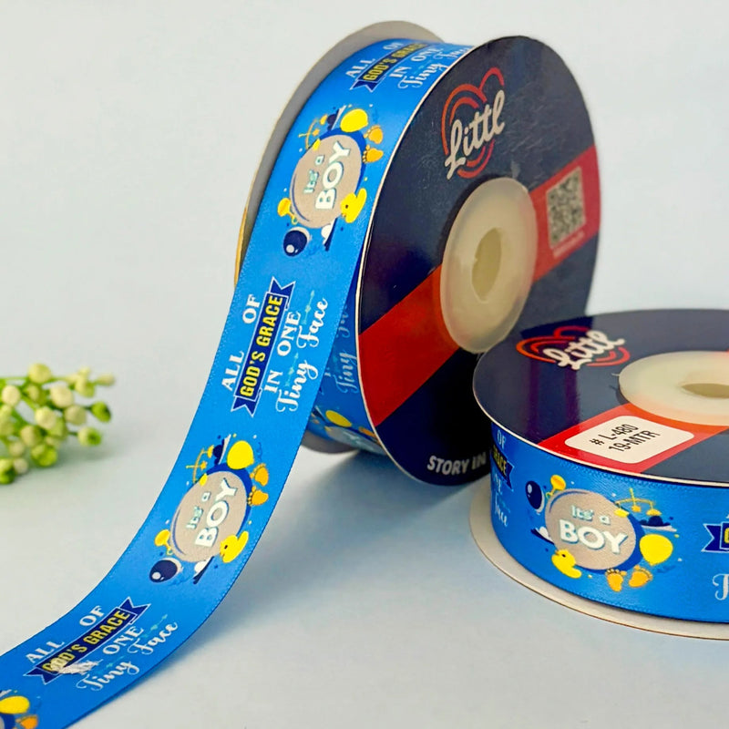 It's a Boy Printed Ribbon 25mm - Blue Shades - Grey - printed satin ribbon by Littl India