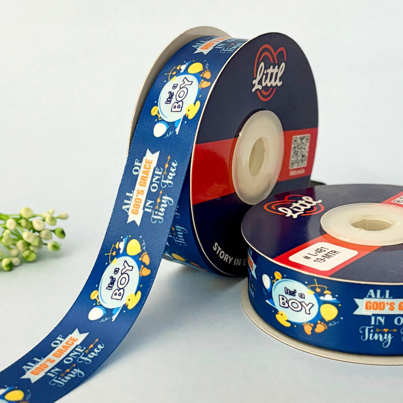It's a Boy Printed Ribbon 25mm - Blue Shades - Navy - printed satin ribbon by Littl India