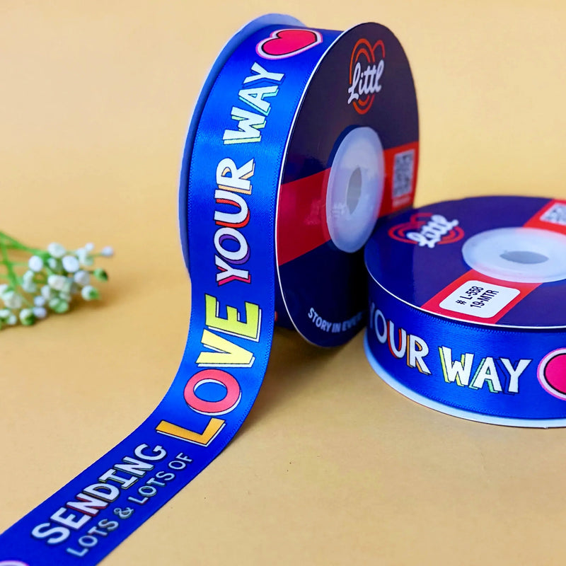 Best Wishes Printed Ribbon 25mm - Blue - printed satin ribbon by Littl India