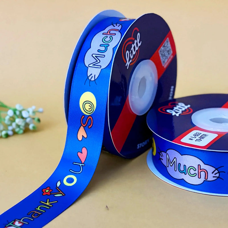 Thank You Printed Ribbon 25mm - Blue - printed satin ribbon by Littl India