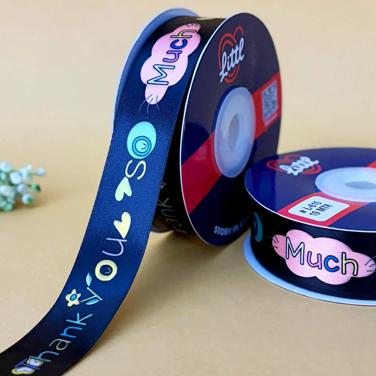 Thank You Printed Ribbon 1 inch (25 mm) - Black - printed satin ribbon by Littl India