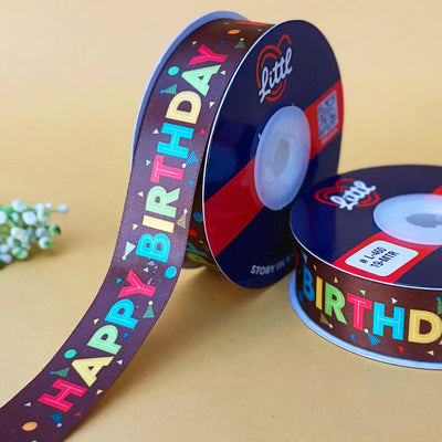 ribbon-Brown-Birthday Printed Satin Ribbon 1 Inch 19 Meter - Gift Wrapping Party Decoration - Double Face Polyester - 6 Colors-Littl Ribbons