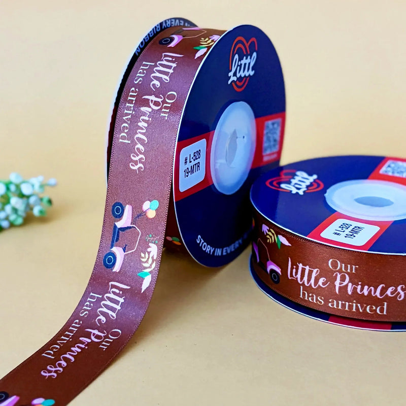 It's a Girl Printed Ribbon 25mm - Brown - printed satin ribbon by Littl India
