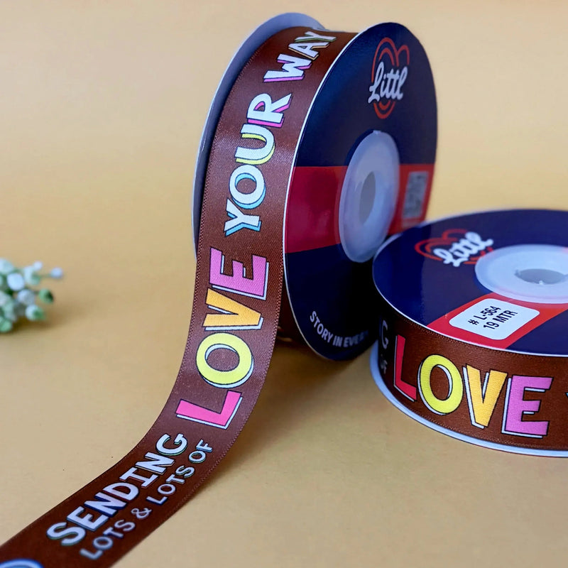 Best Wishes Printed Ribbon 25mm - Brown - printed satin ribbon by Littl India