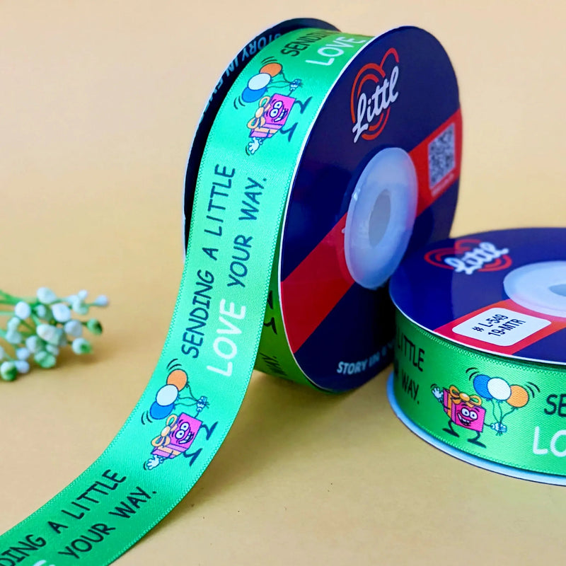 Best Wishes Printed Ribbon 25mm - Alternate Colours - Light Green - printed satin ribbon by Littl India