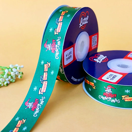 ribbon-Green-Christmas Ribbon Green - Merry Christmas Printed Satin - Holiday Gift Wrapping & Decoration - 25MM x 19M-Littl Ribbons