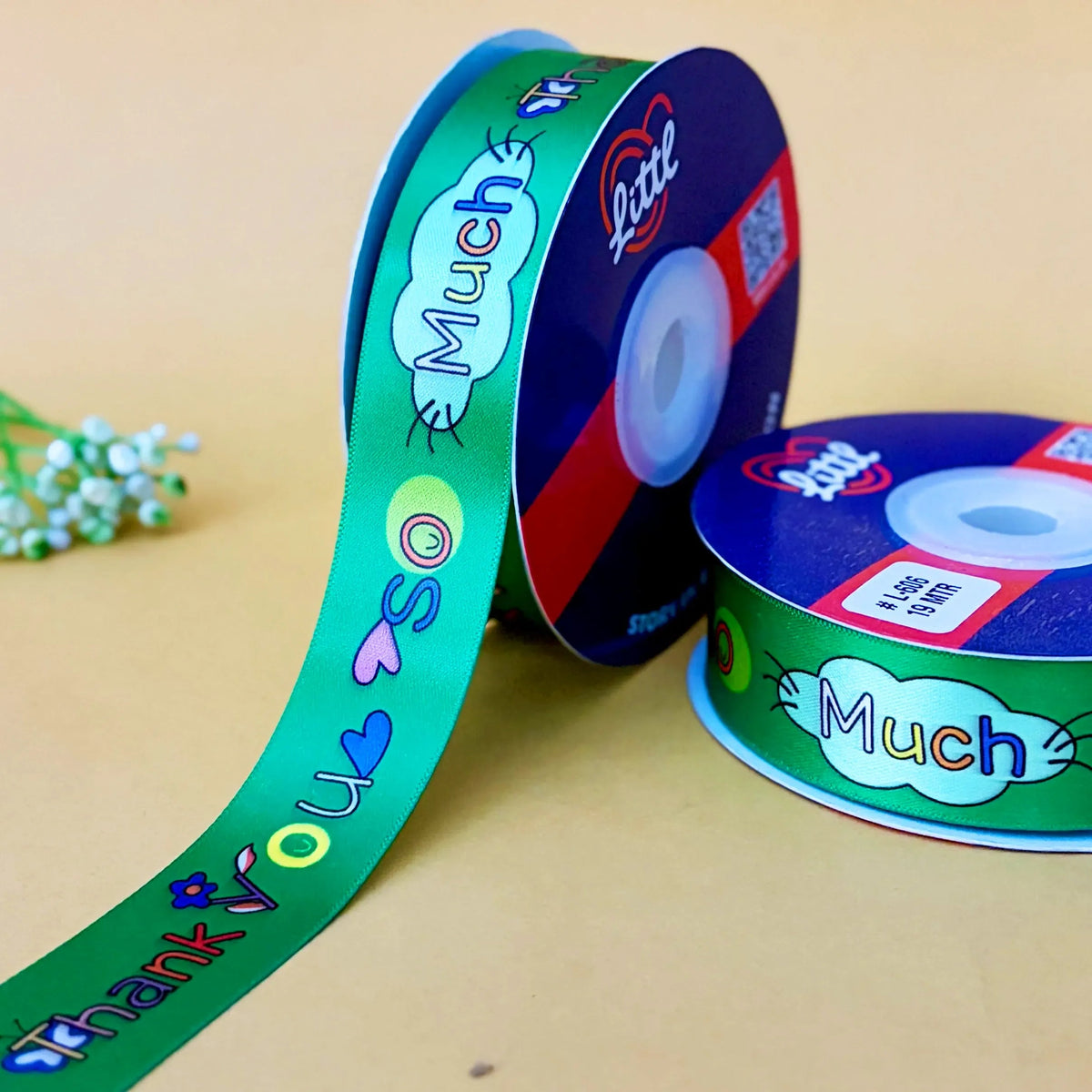 Thank You Printed Ribbon 1 inch (25 mm) - Green - printed satin ribbon by Littl India