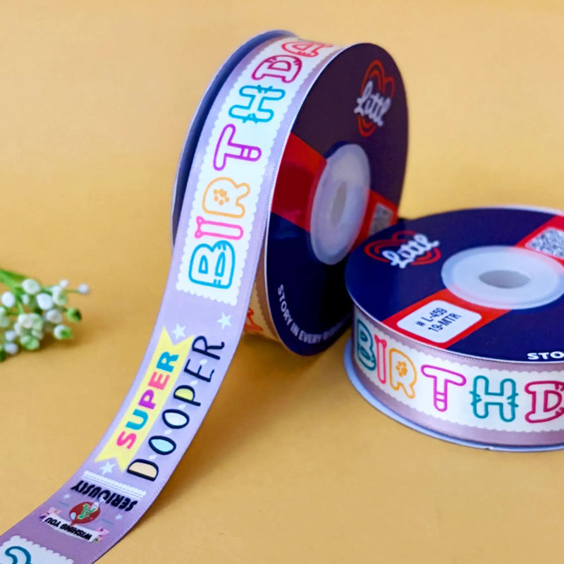 Happy Birthday Printed Ribbon 25mm - Bulk Roll - Grey - printed satin ribbon by Littl India