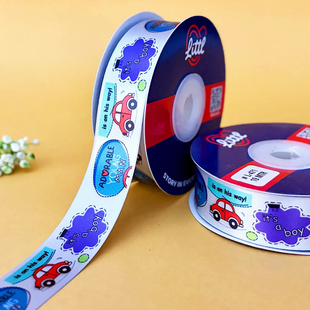 It's a Boy Printed Ribbon 1 inch (25 mm) - Classic Blues - Grey - printed satin ribbon by Littl India