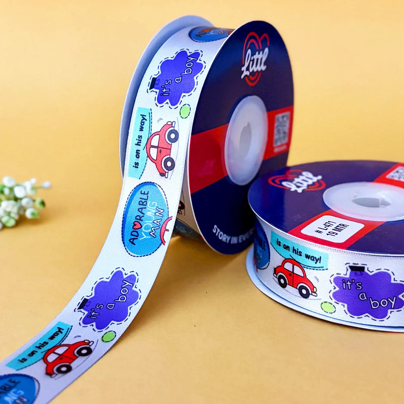 It's a Boy Printed Ribbon 25mm - Classic Blues - Grey - printed satin ribbon by Littl India