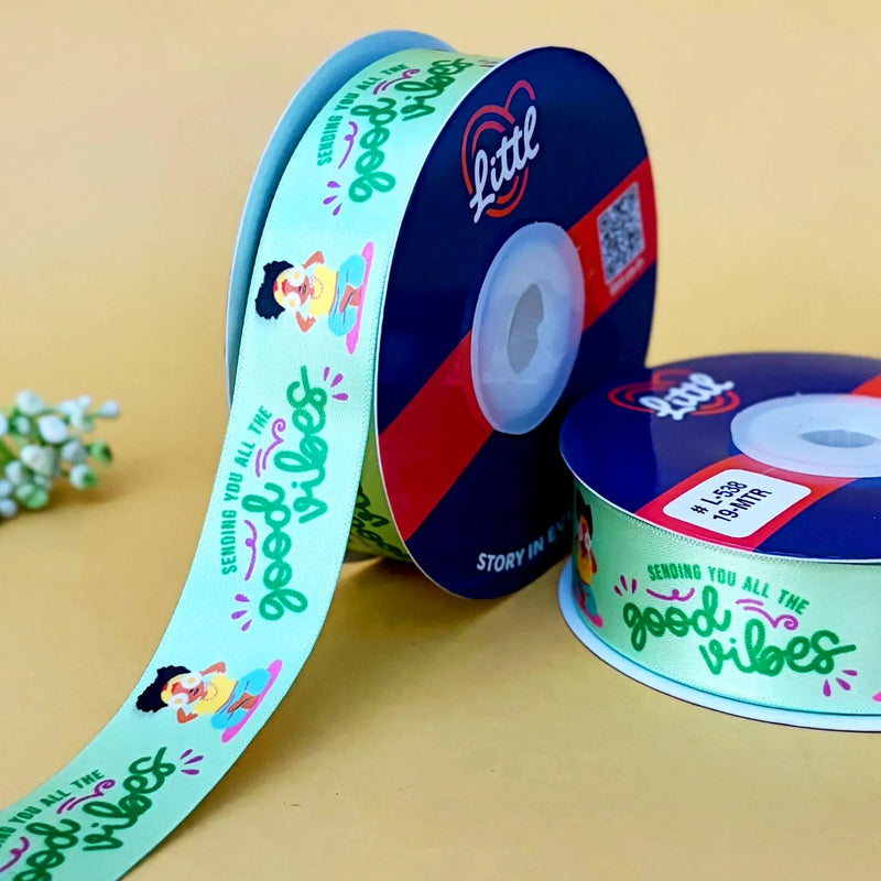 Best Wishes Printed Ribbon 25mm - Classic Set - Light Green - printed satin ribbon by Littl India