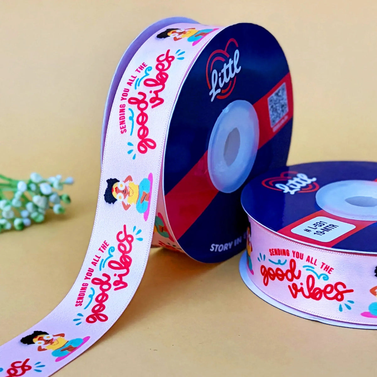 Best Wishes Printed Ribbon 1 inch (25 mm) - Classic Set - Peach - printed satin ribbon by Littl India