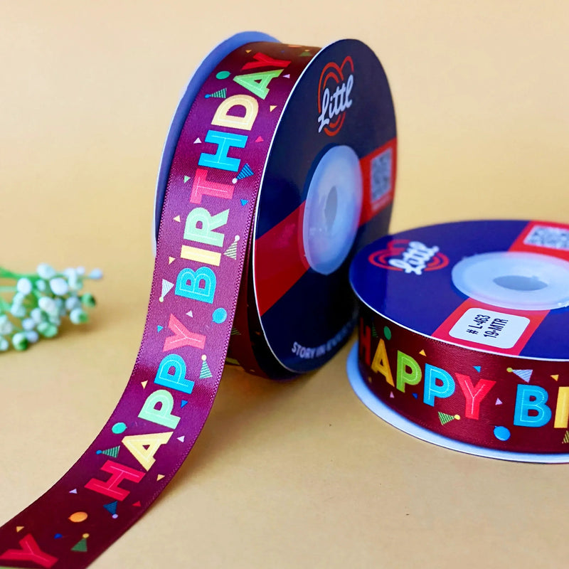 Happy Birthday Printed Ribbon 25mm - Maroon - printed satin ribbon by Littl India