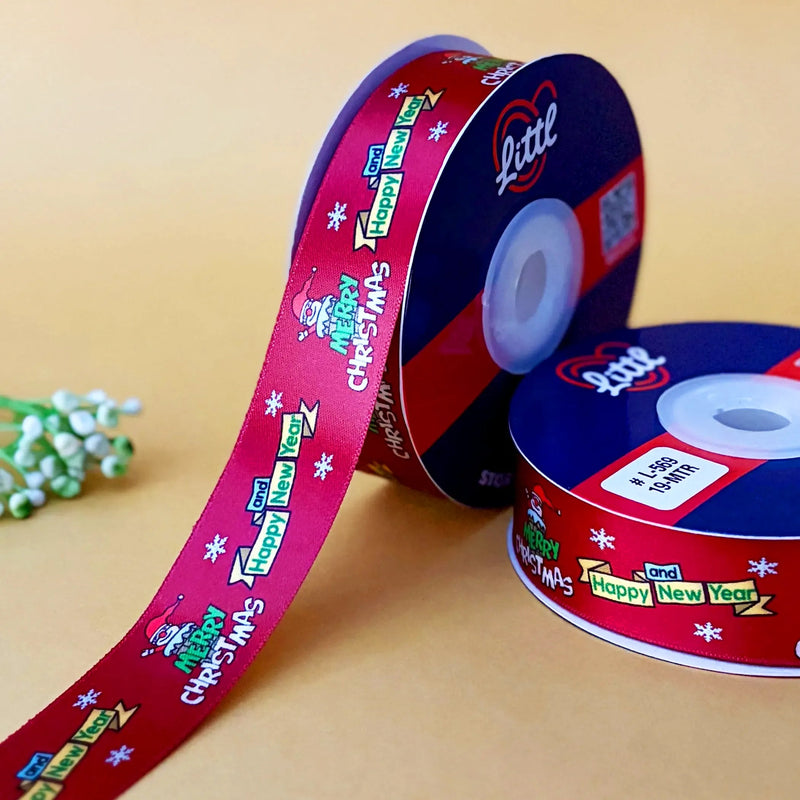 Merry Christmas Printed Ribbon 25mm - Green - Maroon - printed satin ribbon by Littl India