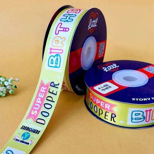 ribbon-Olive-Birthday Double Face Satin Printed Ribbon 1 Inch 19M Wholesale-Littl Ribbons