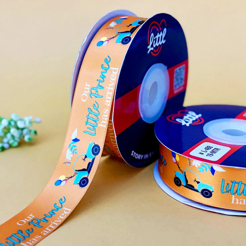 It's a Boy Printed Ribbon 25mm - Orange - printed satin ribbon by Littl India