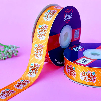 ribbon-Orange-Its a Girl Baby Shower Ribbon 1 Inch 19 Meter - Pink Baby Girl Gift Wrapping Birth Announcement Newborn Celebration - Premium Satin - 3 Colors - Same Day Dispatch India-Littl Ribbons