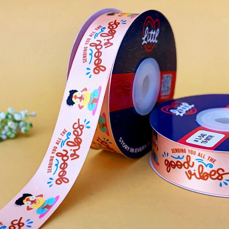 Best Wishes Printed Ribbon 25mm - Classic Set - Brown - printed satin ribbon by Littl India