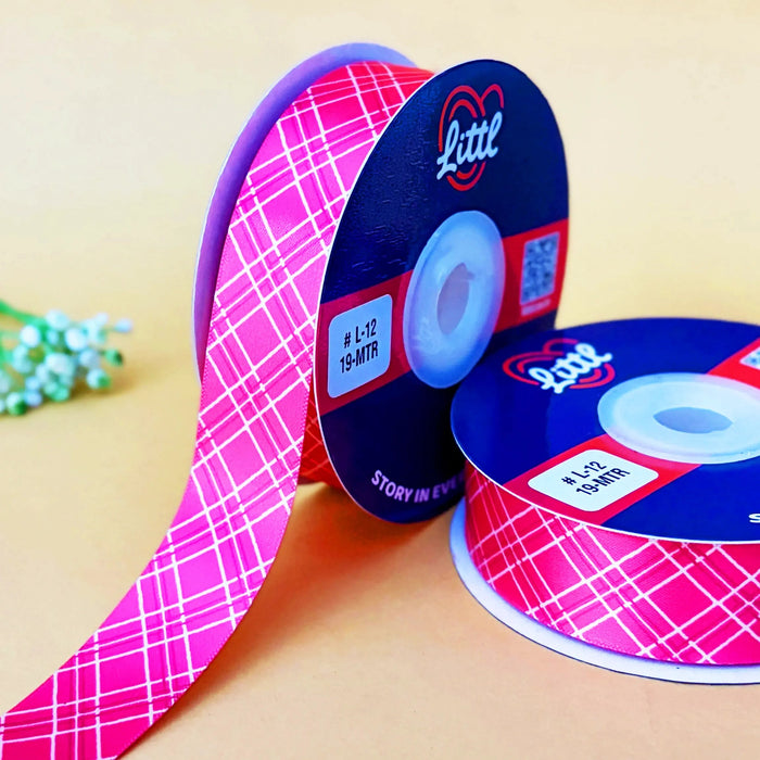 Windowpane Hot Pink – Printed Satin Ribbon, 25 mm