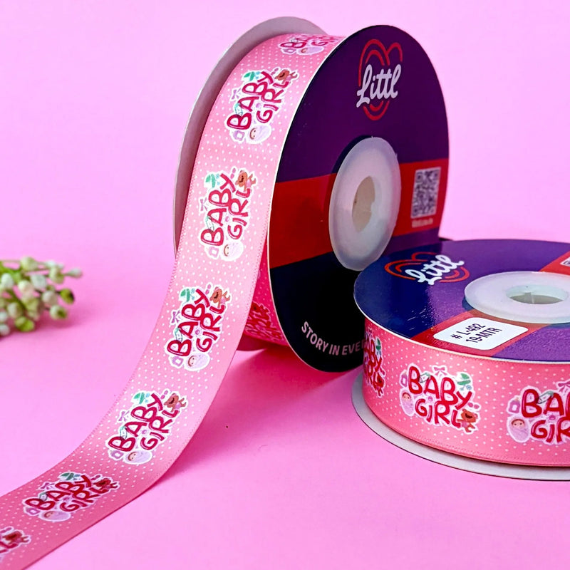 It's a Girl Printed Ribbon 25mm - Full Colour Range - Pink - printed satin ribbon by Littl India