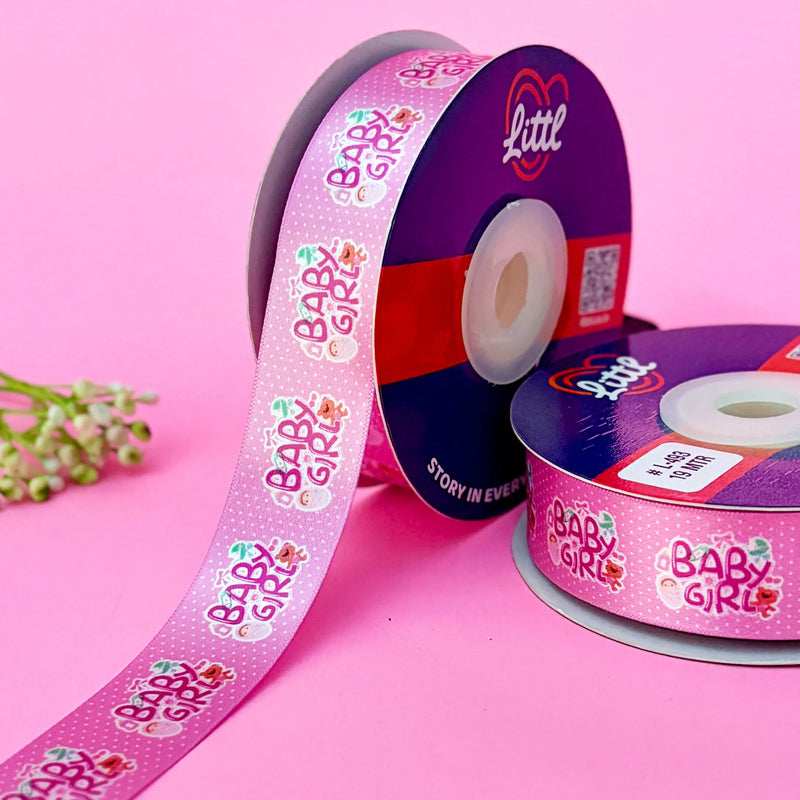 It's a Girl Printed Ribbon 25mm - Full Colour Range - Magenta - printed satin ribbon by Littl India