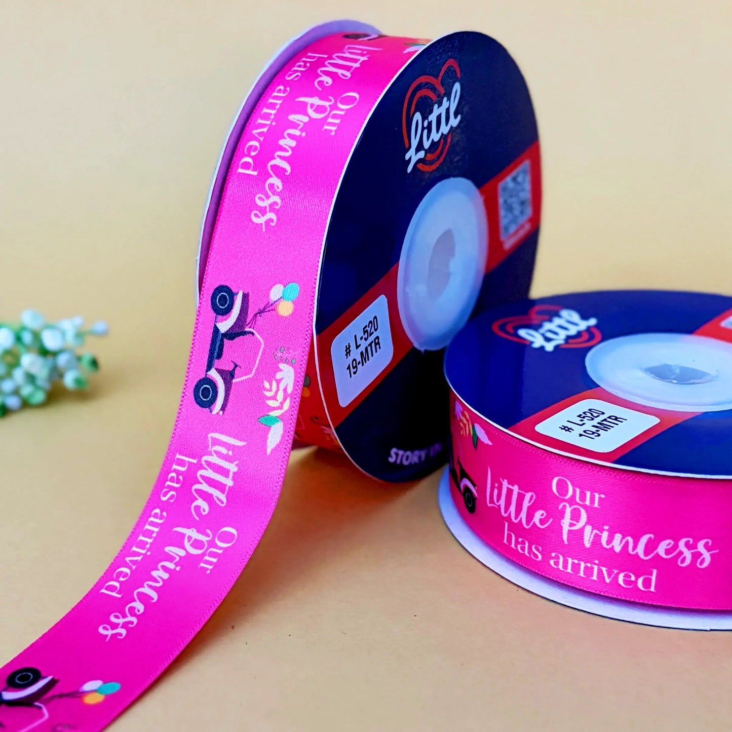 ribbon-fushia-its a girl double face satin printed ribbon 1 inch 19m baby-littl ribbons