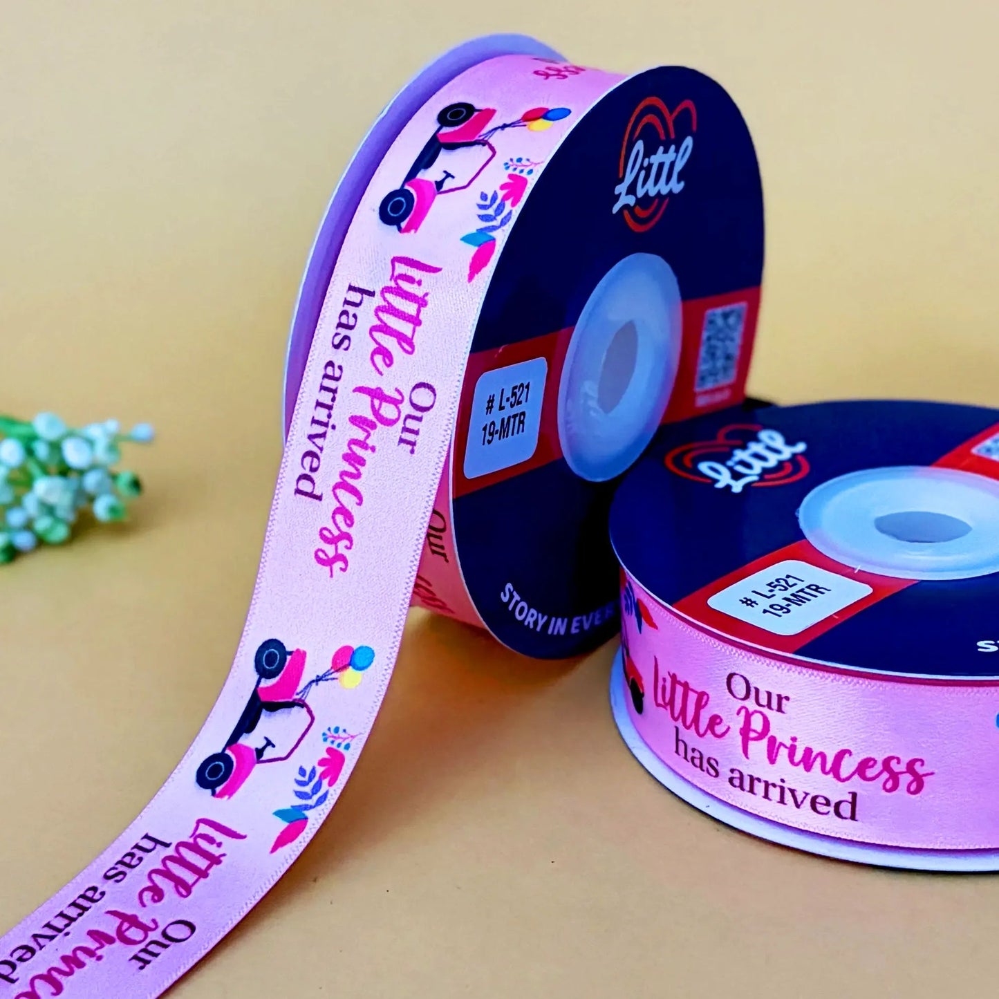 ribbon-pink-its a girl double face satin printed ribbon 1 inch 19m baby-littl ribbons