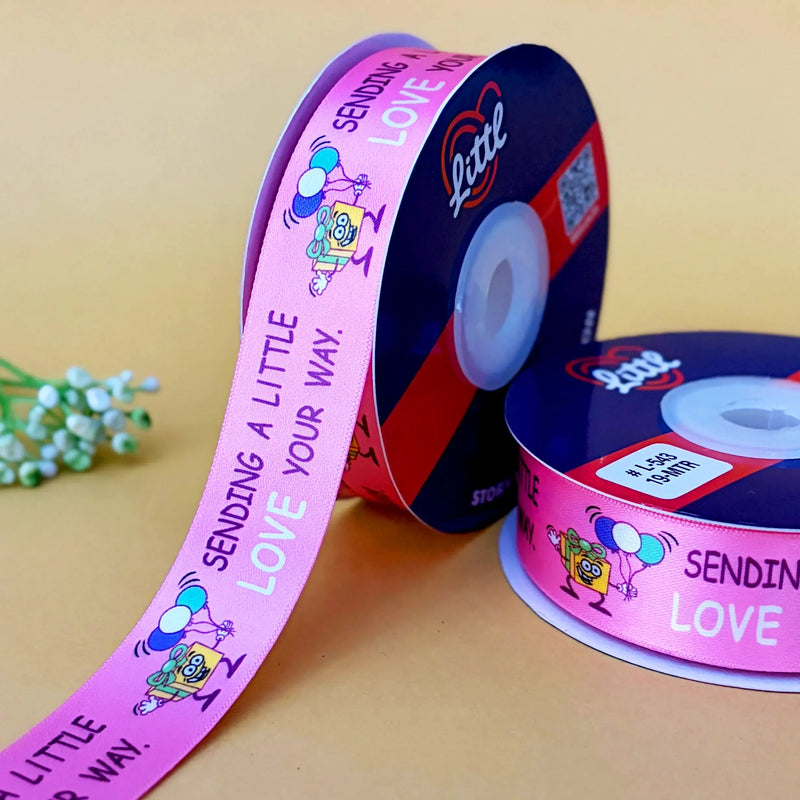 Best Wishes Printed Ribbon 25mm - Alternate Colours - Pink - printed satin ribbon by Littl India
