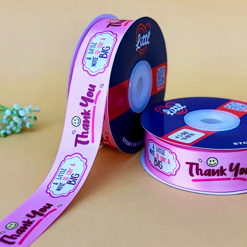 Thank You Printed Ribbon 25mm - Alternate Colours - Pink - printed satin ribbon by Littl India