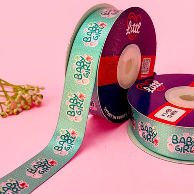 ribbon-Sea Green-Its a Girl Baby Shower Ribbon 1 Inch 19 Meter - Pink Baby Girl Gift Wrapping Birth Announcement Newborn Celebration - Premium Satin - 3 Colors - Same Day Dispatch India-Littl Ribbons