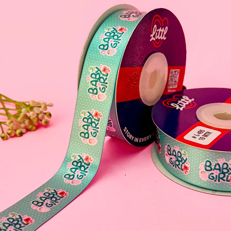 It's a Girl Printed Ribbon 25mm - Full Colour Range - Sea Green - printed satin ribbon by Littl India