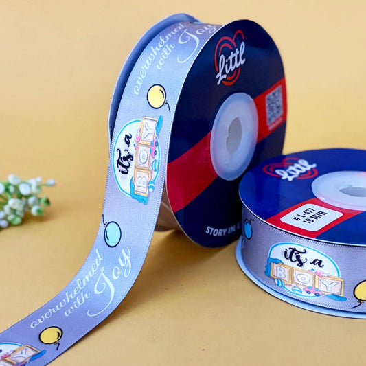 ribbon-Grey-Ribbons | IT'S A BOY Double Face Satin Printed Ribbon | 1 inch width-Littl Ribbons