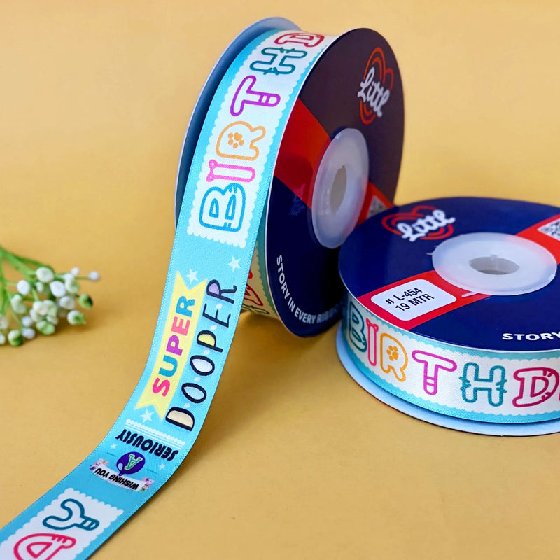 Happy Birthday Printed Ribbon 25mm - Bulk Roll - Sea Green - printed satin ribbon by Littl India