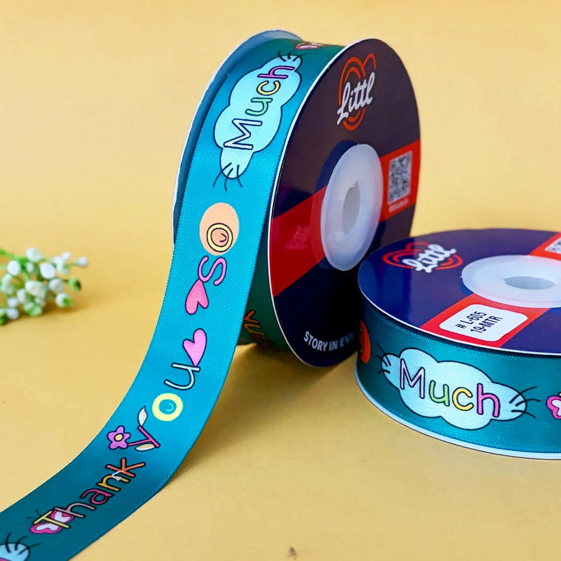 Thank You Printed Ribbon 25mm - Turquoise - printed satin ribbon by Littl India
