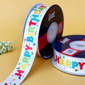 Happy Birthday Printed Ribbon 25mm - White - printed satin ribbon by Littl India
