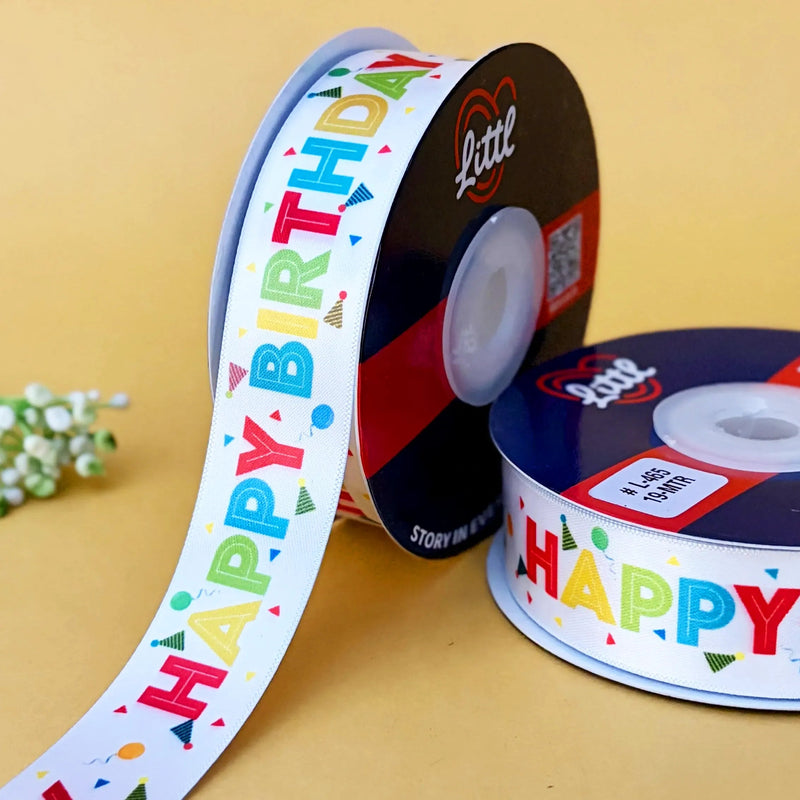 Happy Birthday Printed Ribbon 25mm - White - printed satin ribbon by Littl India