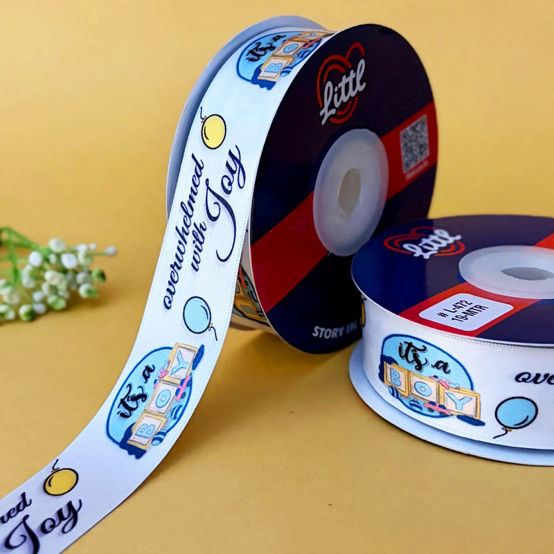 It's a Boy Printed Ribbon 25mm - Multi Colour - White - printed satin ribbon by Littl India