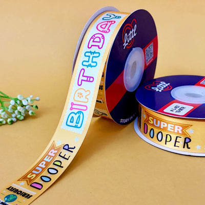 ribbon-Mustard-Birthday Double Face Satin Printed Ribbon 1 Inch 19M Wholesale-Littl Ribbons
