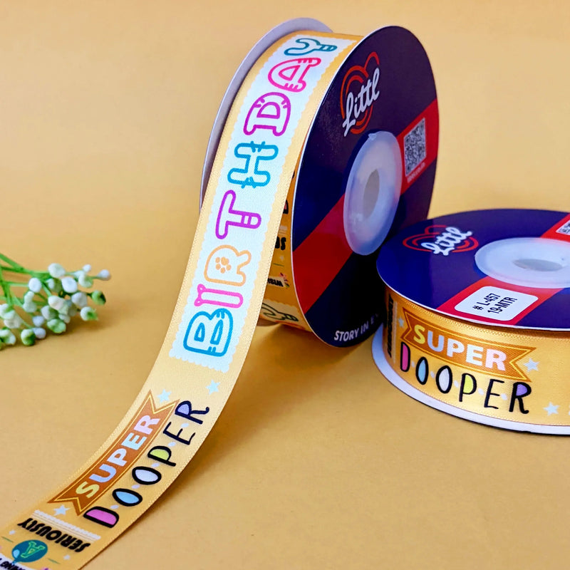 Happy Birthday Printed Ribbon 25mm - Bulk Roll - Mustard - printed satin ribbon by Littl India