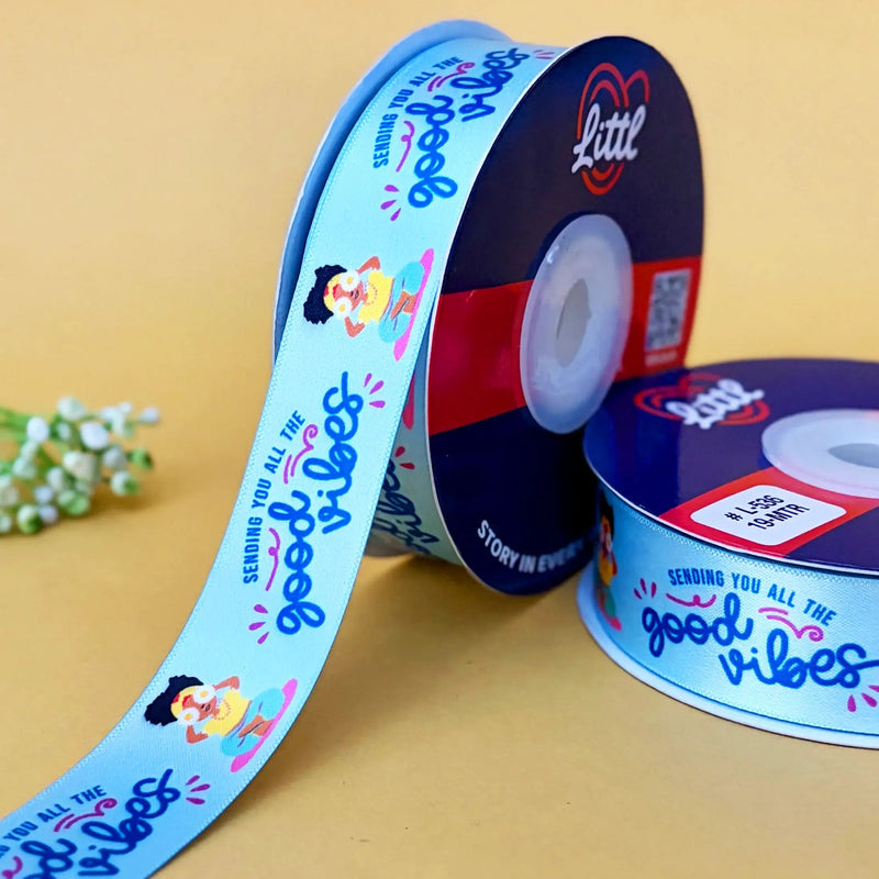 Best Wishes Printed Ribbon 25mm - Classic Set - Aqua - printed satin ribbon by Littl India